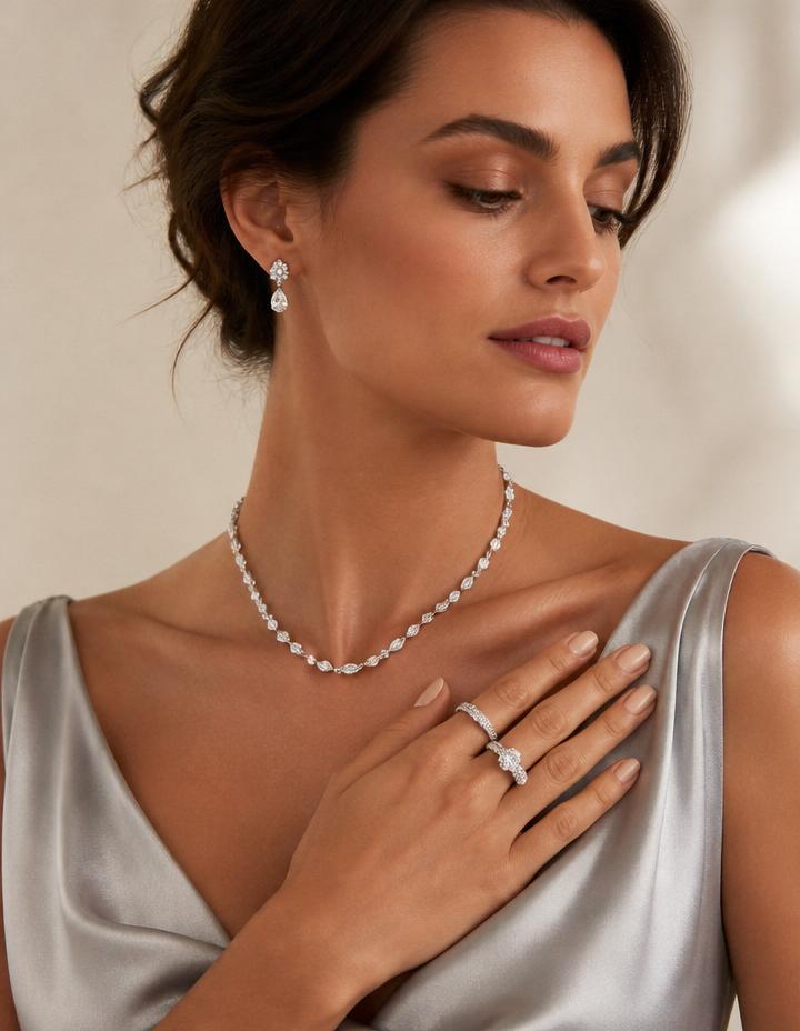 Model wearing a diamond necklace and rings